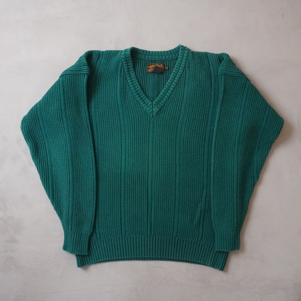 Vintage Eddie Bauer V-Neck Sweater XL Tall Mens Green Cotton Ribbed Pullover